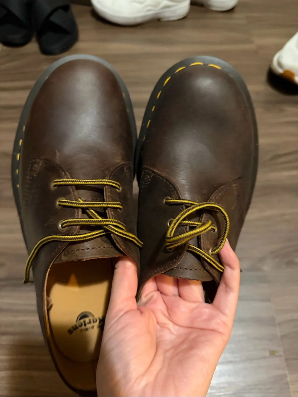 Dr. Martens Brown Leather Lace-Up Flats with Yellow Stitching